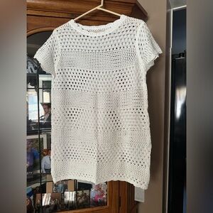 NEW NWT XS White Crochet Sheer Short Sleeve TUNIC TOP/ Bathing Suit Cover Up